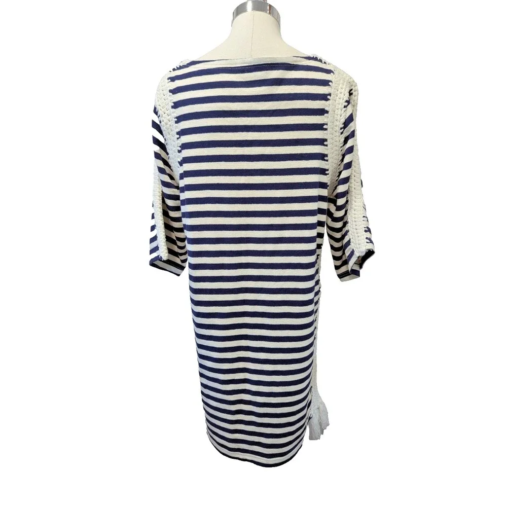Anthropologie Pepin Nautical Stripe Cotton Tunic Dress Size L Crochet‎ Trim Navy